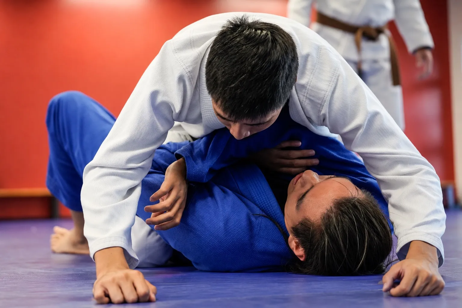 Two adult students training, one in a white gi on top of his partner in blue