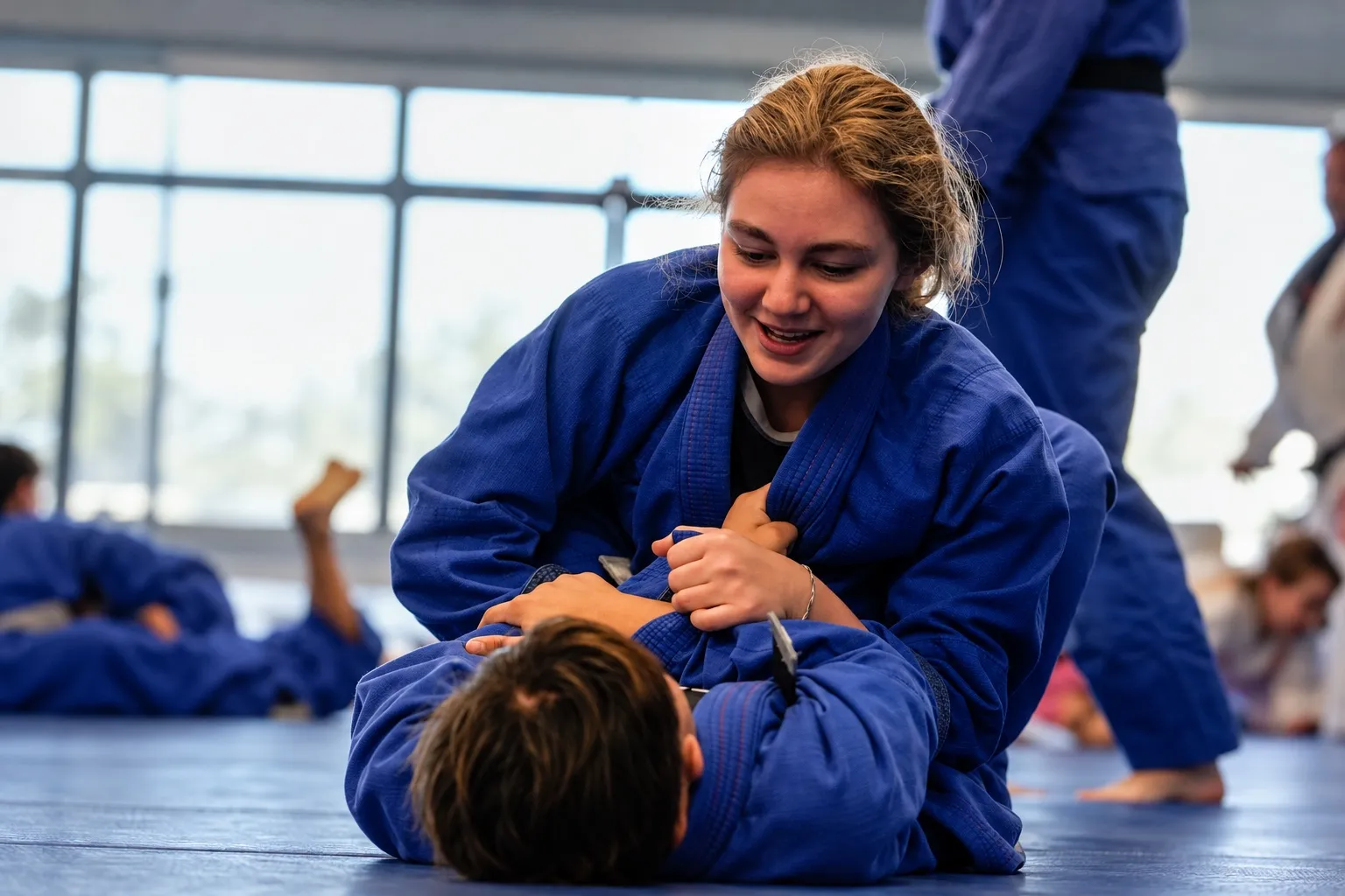 A smiling teenage girl in a blue gi training on top of her partner