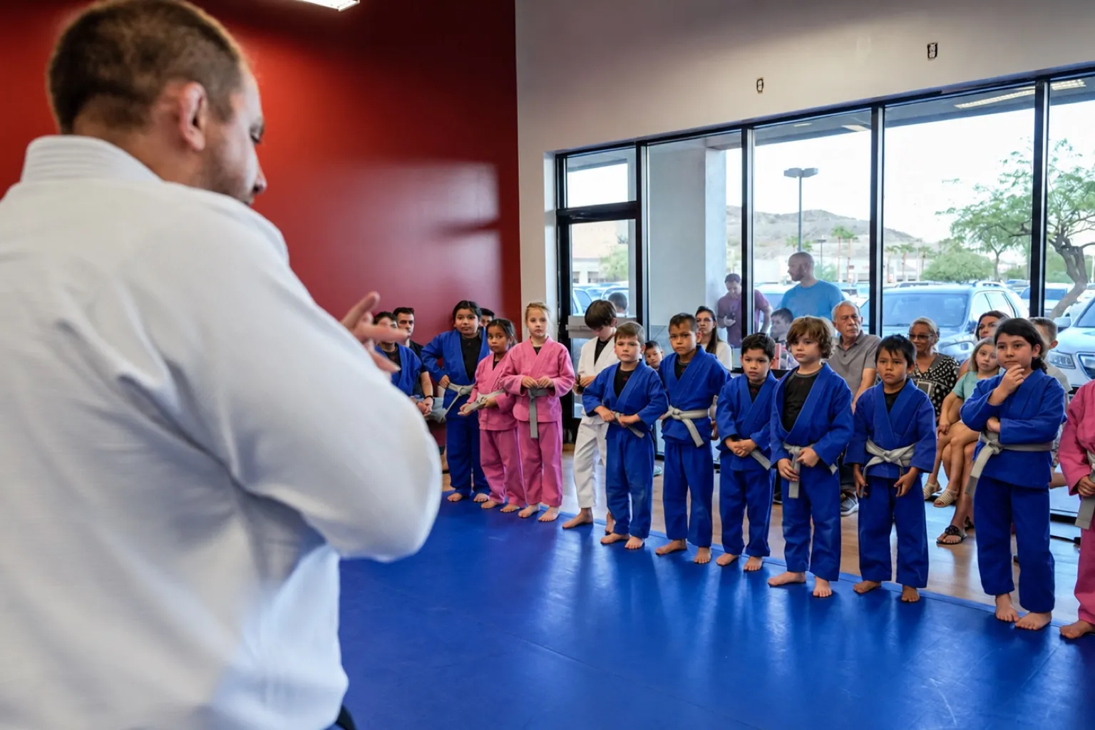 Kids lined up on the mat in front of a wall of tall windows