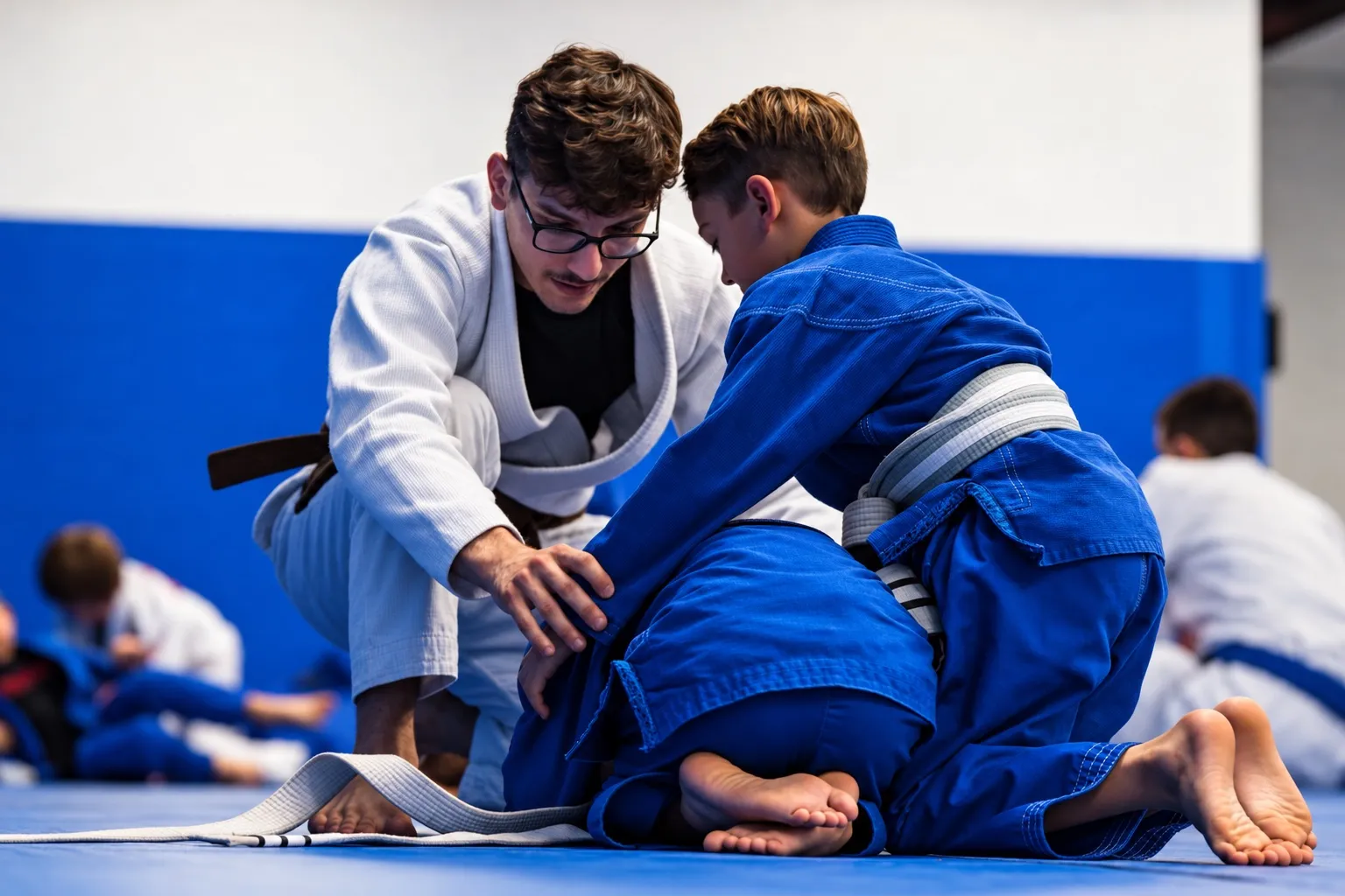 A coach in a white gi guiding a boy in a blue gi through a technique on the mat