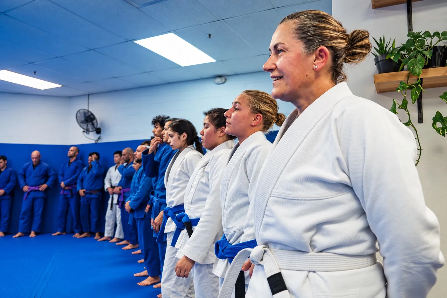 A smiling woman in a white gi at the end of a line of students before class