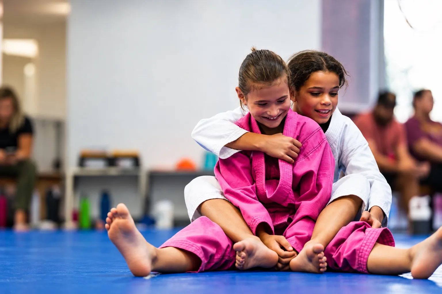 Two young girls in gis, one hugging the other from behind, smiling on the mat