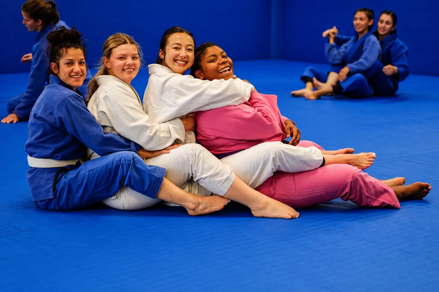 Four women and teen girls in gis laughing together on the mat