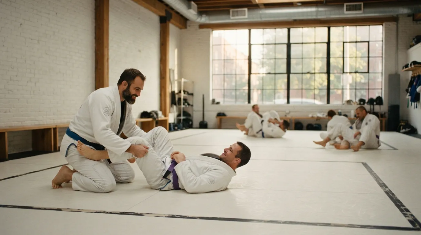 A coach smiling as he works with a student on the mat in a bright warehouse gym