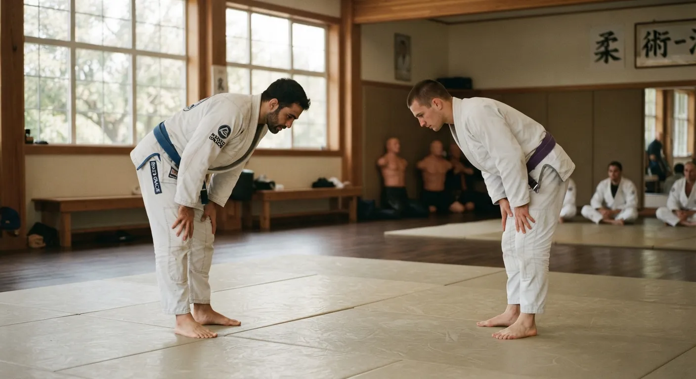 Two adults bowing to each other before training