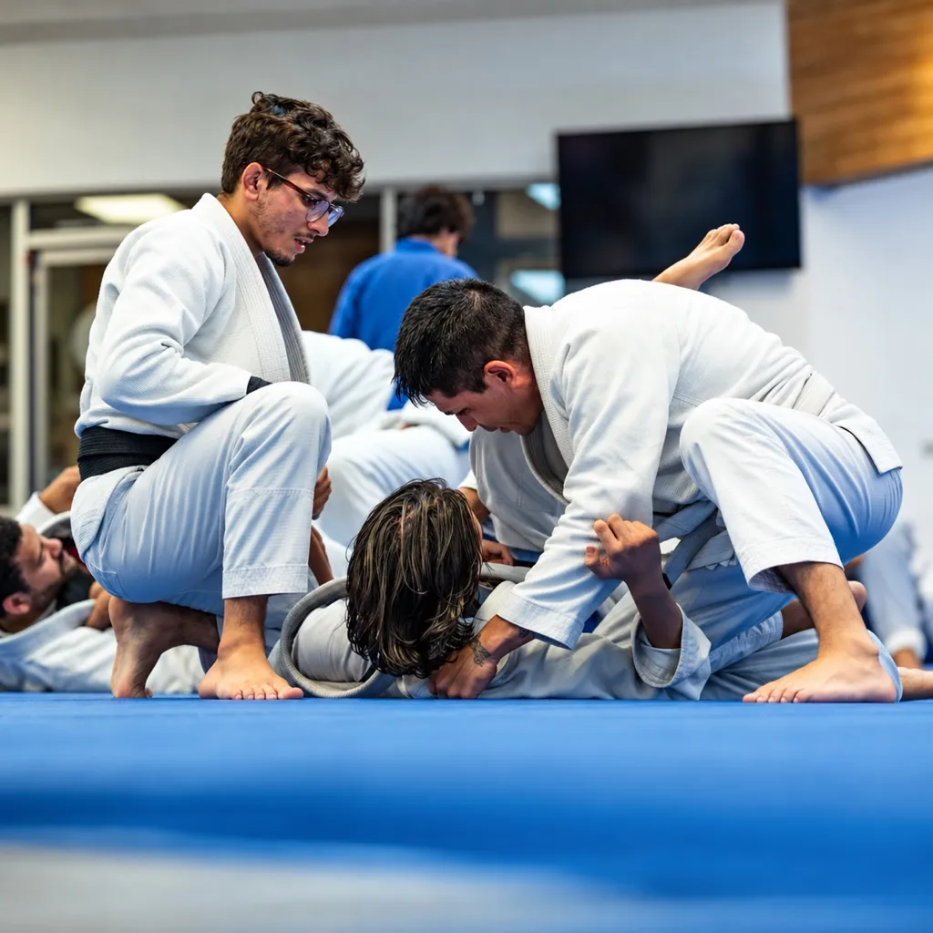 A coach watching two adult students train on the mat