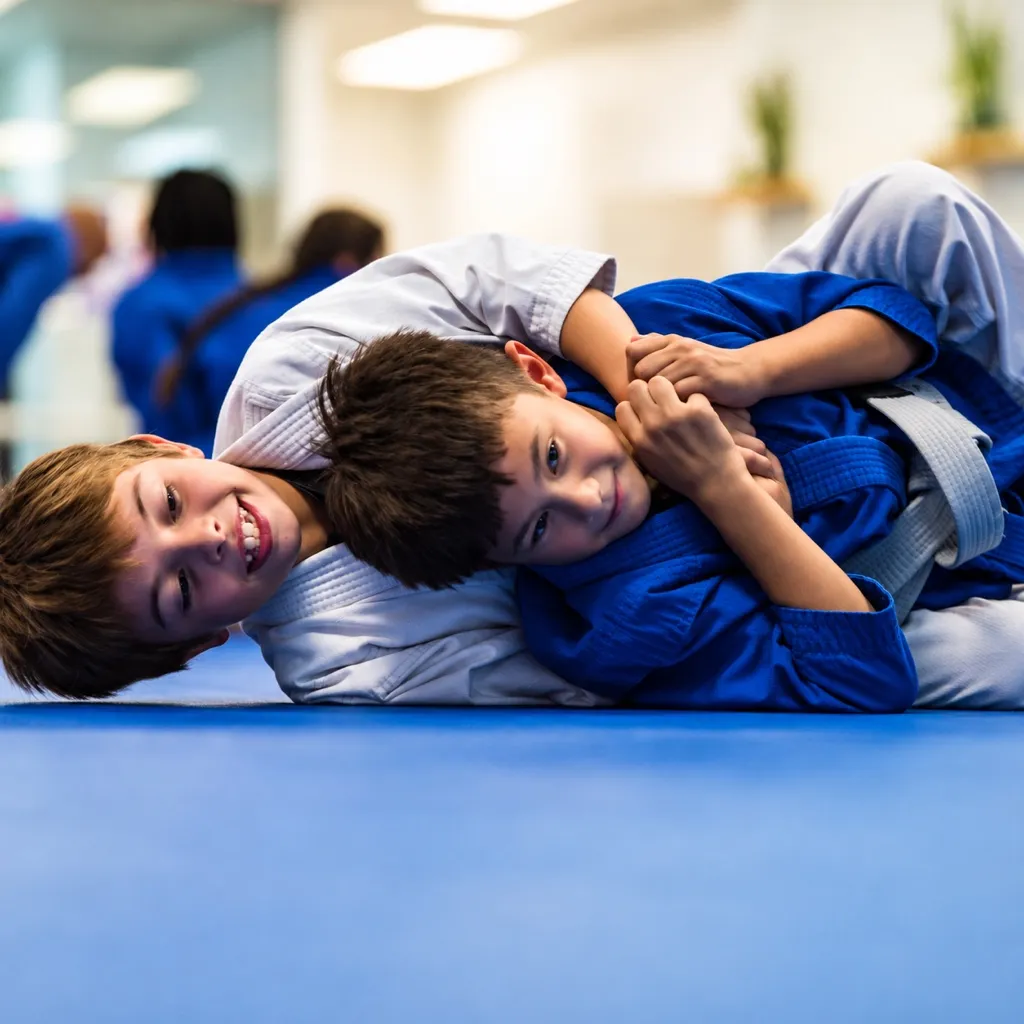 Two boys in gis laughing while they roll on the mat