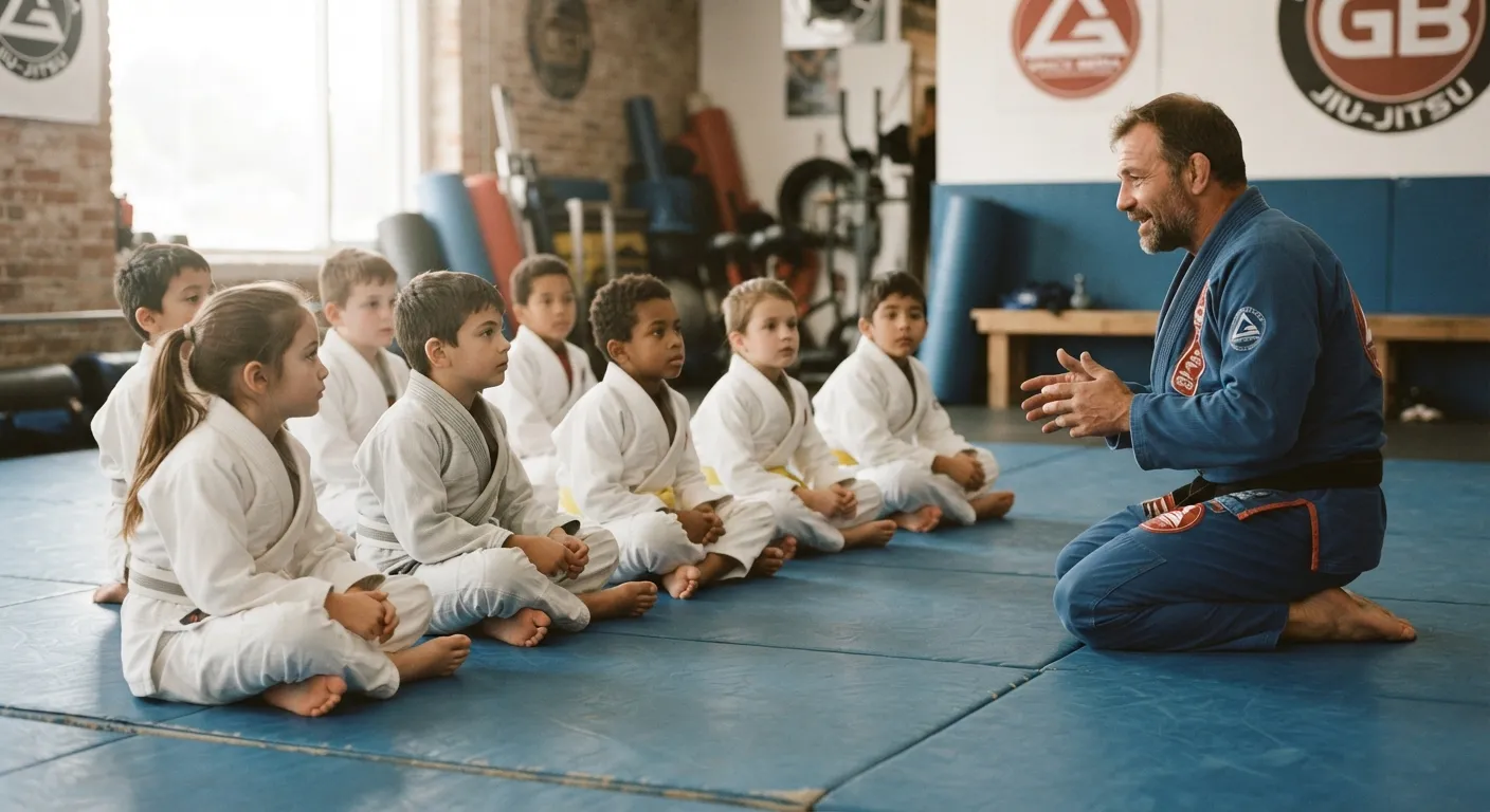 A row of kids in gis sitting and listening on blue mats
