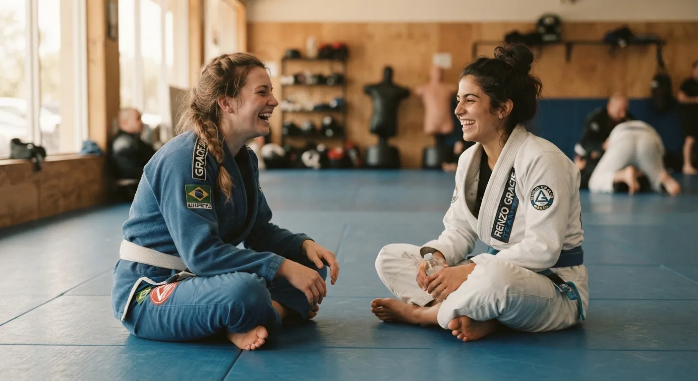 Two women laughing together on the mat between rounds
