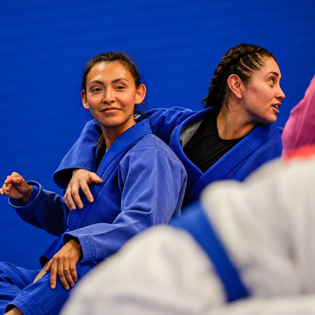 Two women in blue gis smiling together on the mat