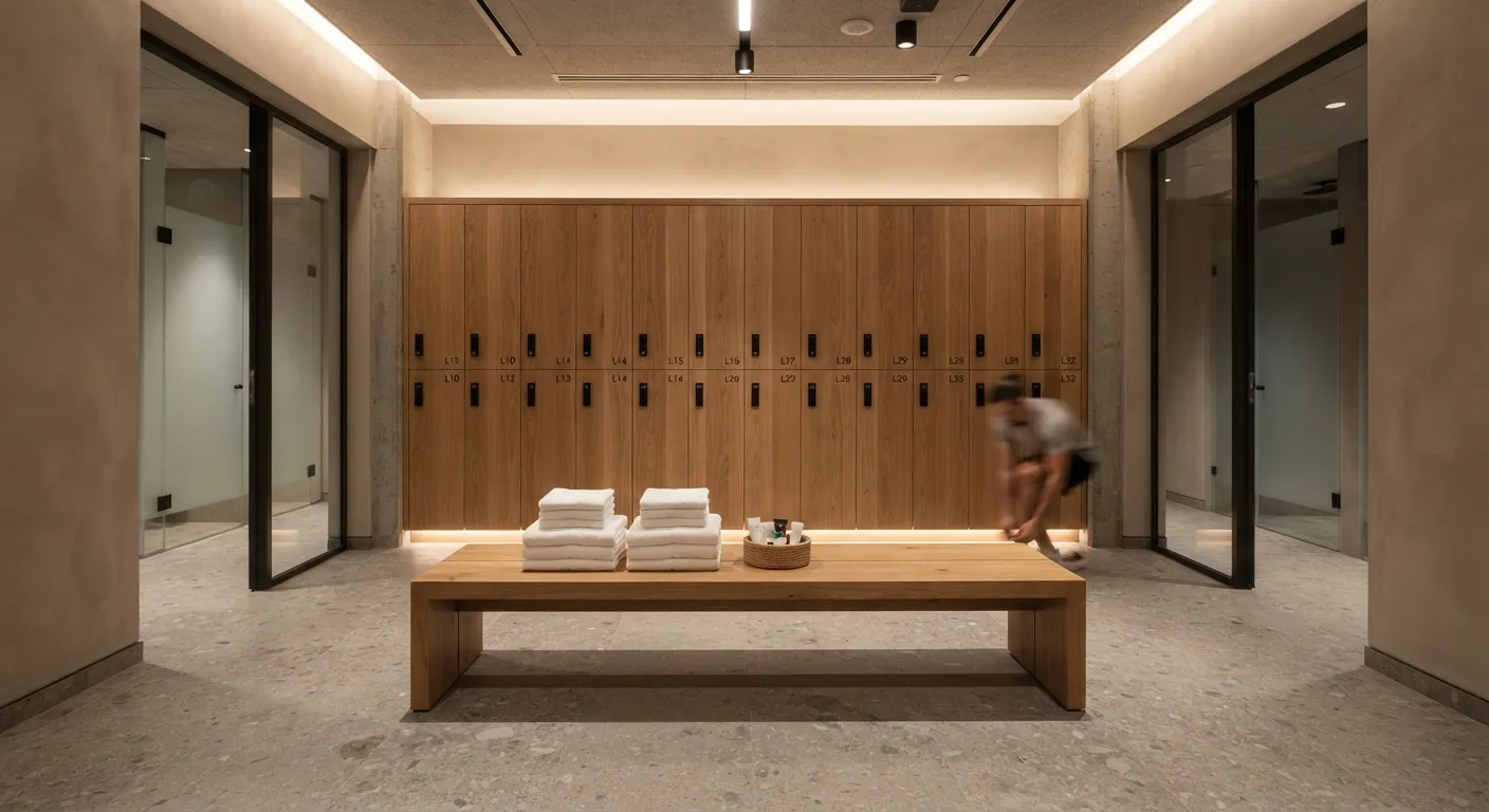 Wooden lockers above a bench with folded towels