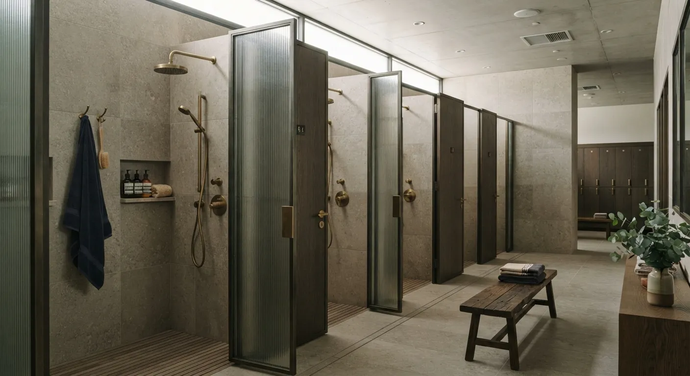 A row of private shower stalls with glass doors