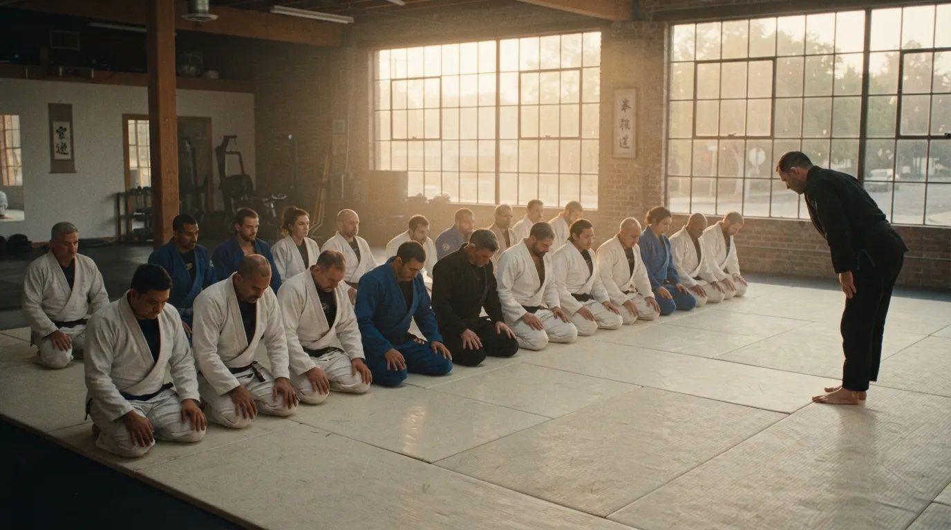 A full class kneeling in a line on the mat in warm window light