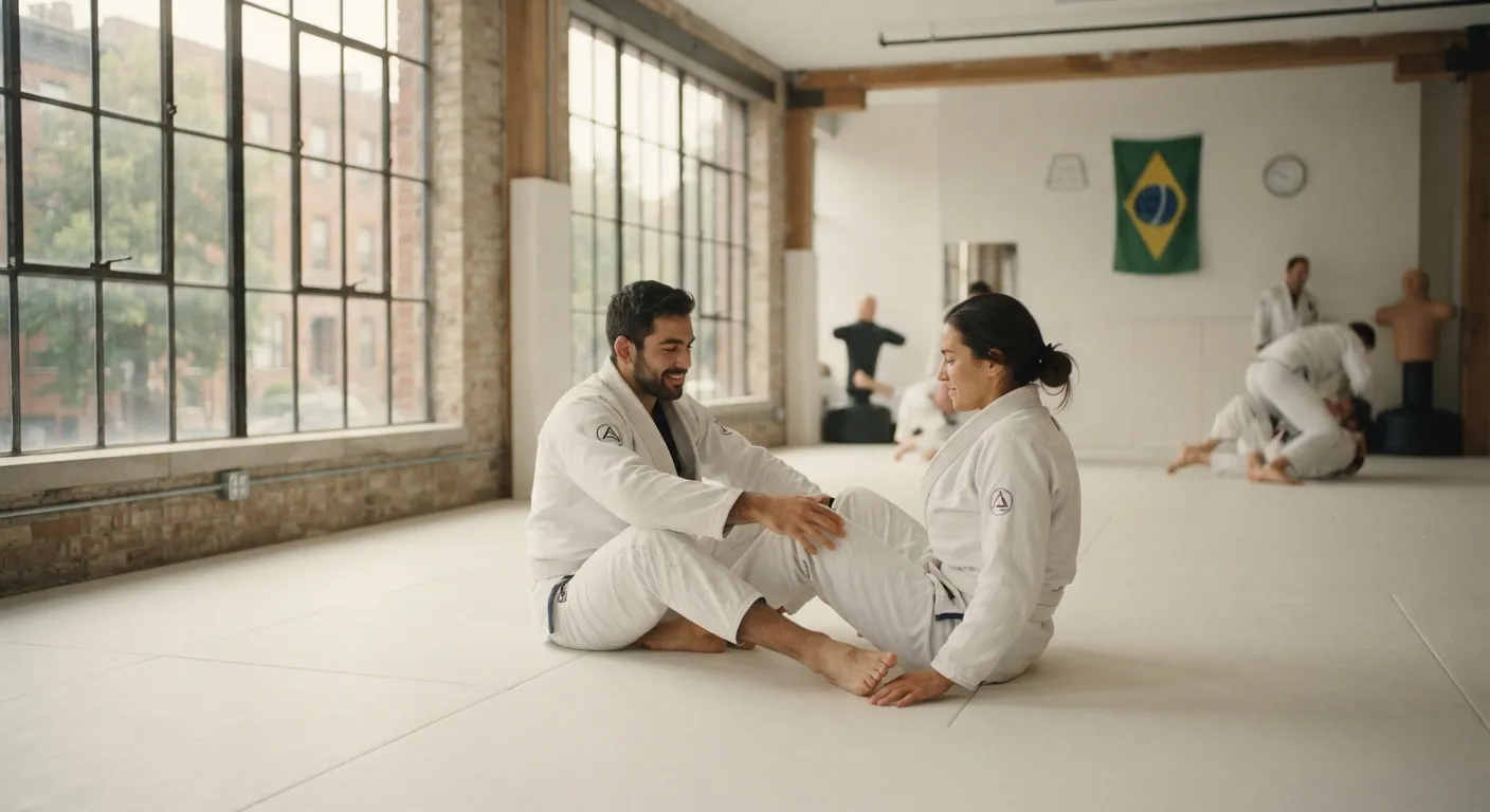 A coach helping a student stretch on the mat